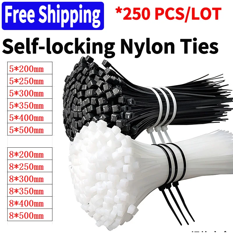 

250 PCS Self-locking Cable Tie,Nylon Tie,Zip Ties White/Black Plastic Strong Snap High Temperature Resistant Twine Tie Wire Tie