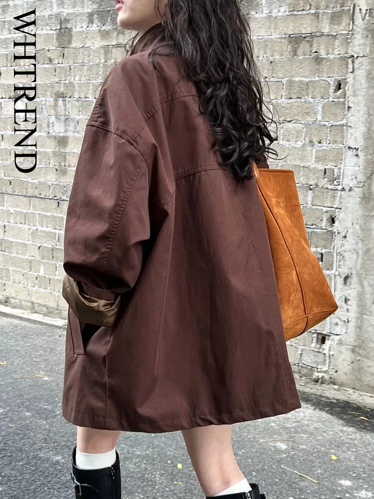 

WHTREND High End Elegant Stand Collar Trench Coat For Women Minimalist Oversize Jacket Coats With Pocket WH1530