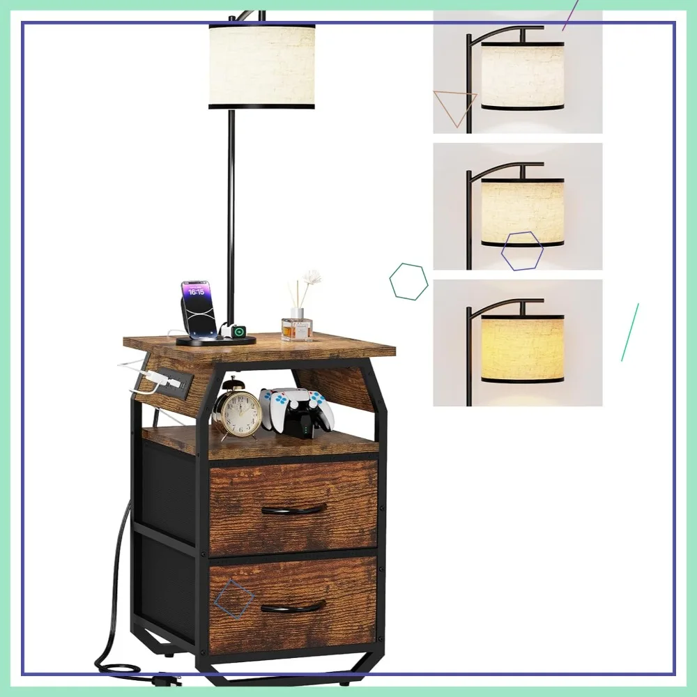 Floor Lamp with Table, End Table with Lamp Attached, 3-Color Bulb, Charging Station, 2 Drawers, Rustic Brown