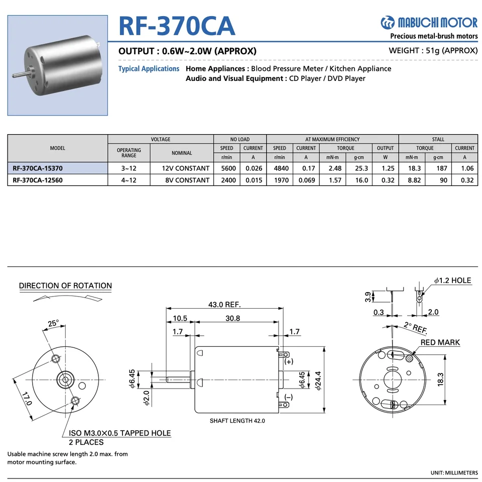MABUCHI RF-370CA-17315 Motor DC 6V-12V Previous Metal Brushed