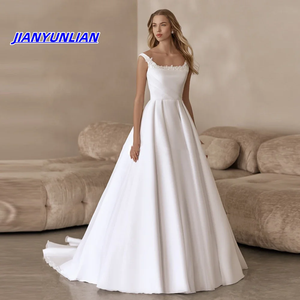 

Customized Elegant Square Collar A Line Wedding Dresses Floor Length Beading Bride Gowns Sleeveless Lace Up Sweep Train