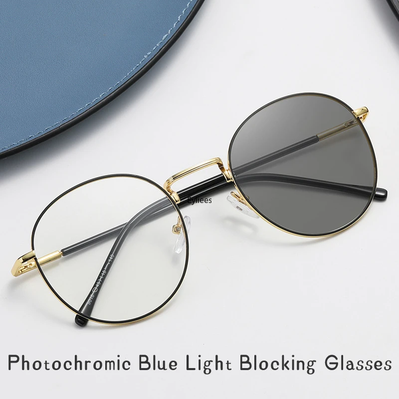 Photochromic Mens Blue Light Blocking Glasses Retro UV400 Anti Glare Round Color Changing Sunglasses Computer Shades gafas