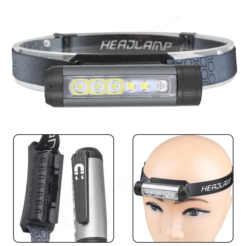 3‑Light Source LED Mini Headlamp USB Rechargeable Multifunctional Pen Light Hat Clip Flashlight With Magnet