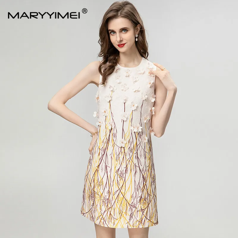 MARYYIMEI-vestido sem mangas com estampa jacquard para mulheres, vestido branco, vestidos chiques elegantes, rua alta, verão