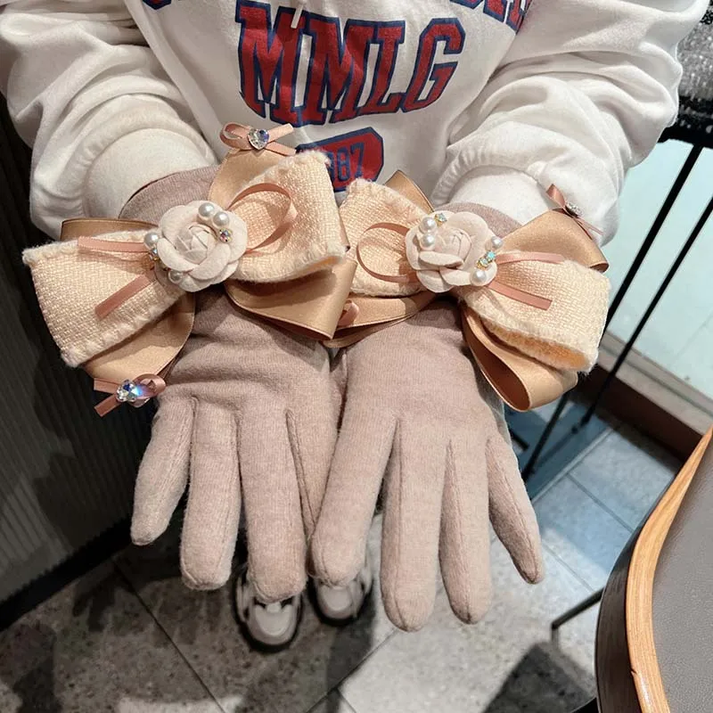 女性用手袋-秋冬-可愛い-エレガント-大きなリボン-花柄手袋-無地-プラッシュ裏地-暖かい