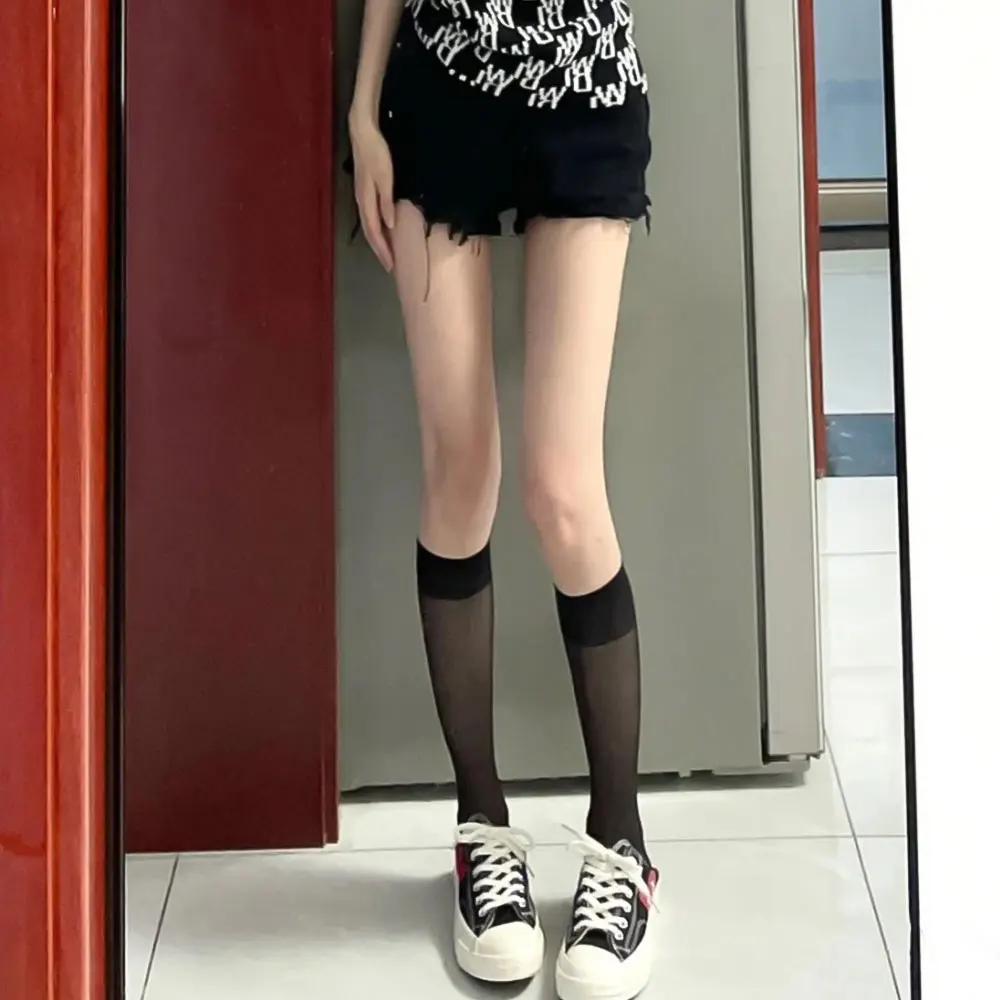 1/2 paia di calzini di seta Lolita calzini JK al ginocchio per donne ragazze trasparenti bianchi neri calzino lungo calze ultrasottili in nylon estivo