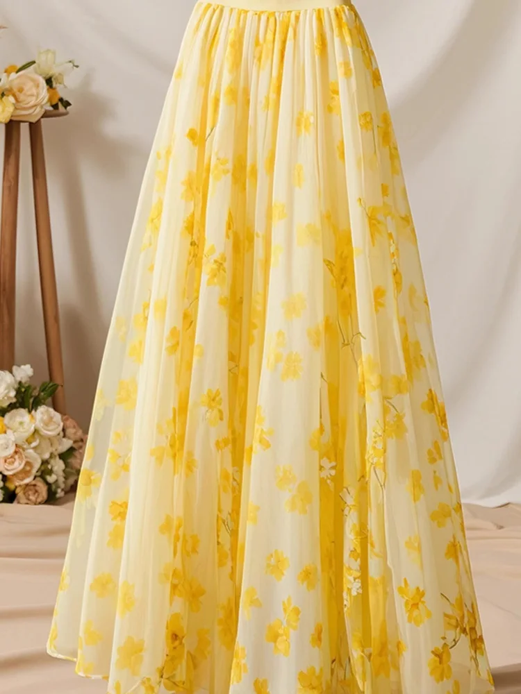 British Retro Yellow Floral Flowing Skirts Mid-length Pleated Full Skirt High End Temperament Women Sweet Vacation Spring Summer