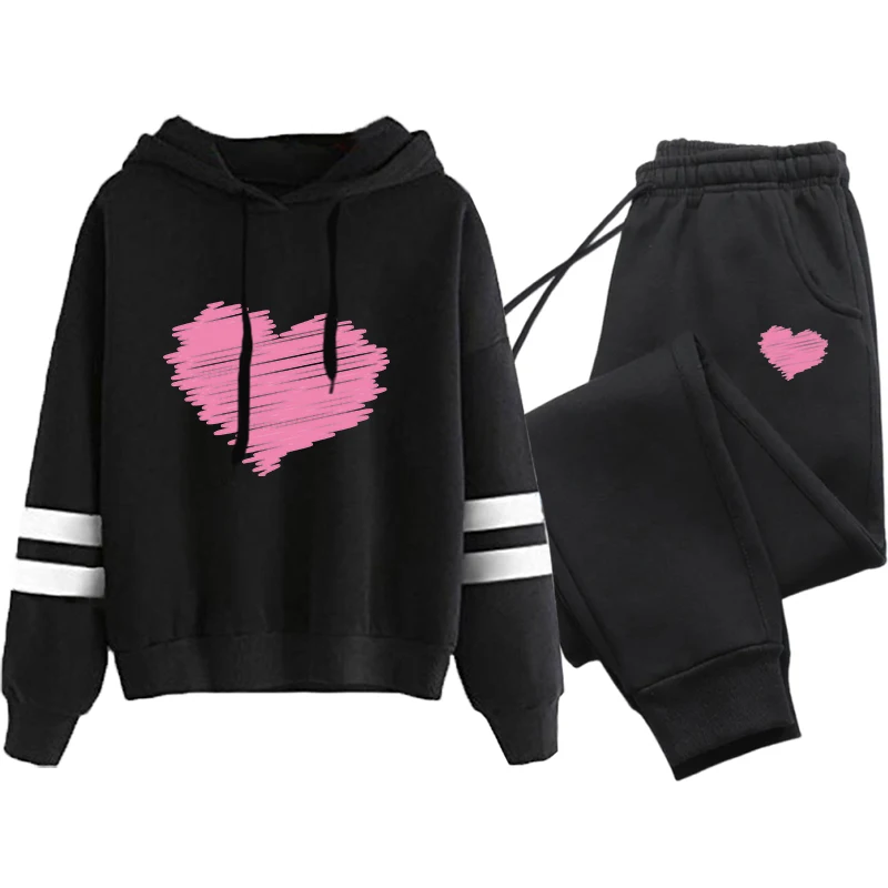 

Cute Heart Printed Hoodies Sweatpants Woman Daily Casual Sports Jogging Suit Home Outdoor Comfort Warm Outfit Women's Clothes
