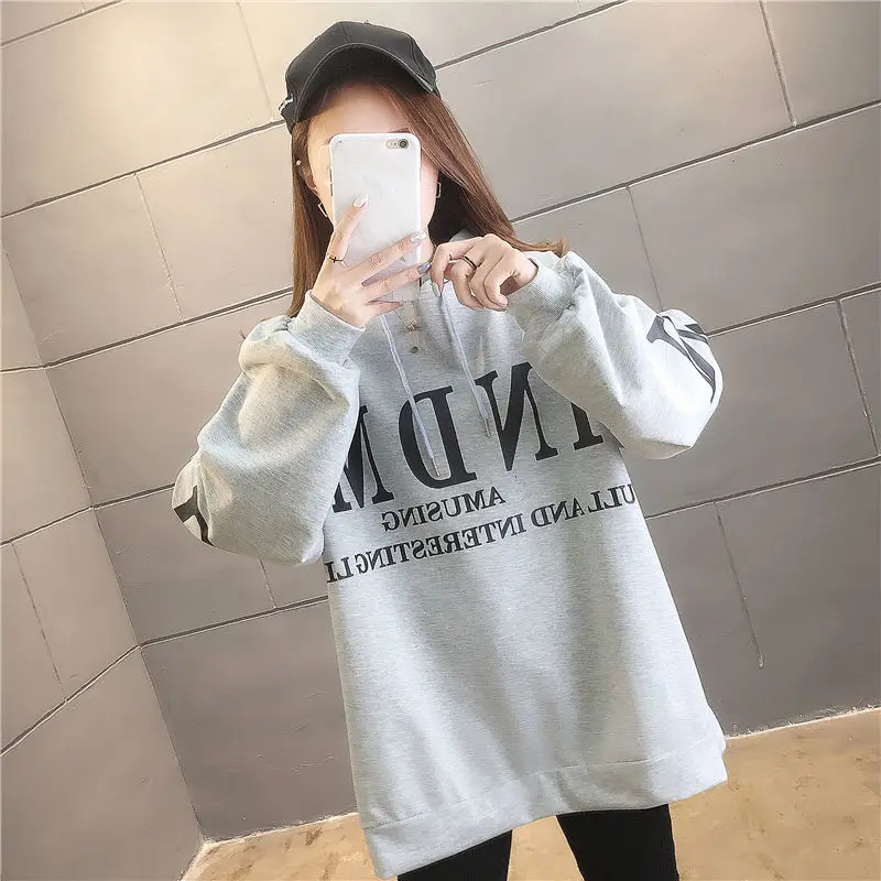 Baggy Female Clothes Tops Grey Letter Printing Text Loose Sweatshirts For Women Graphic Offer Korean Style High Quality Kpop E