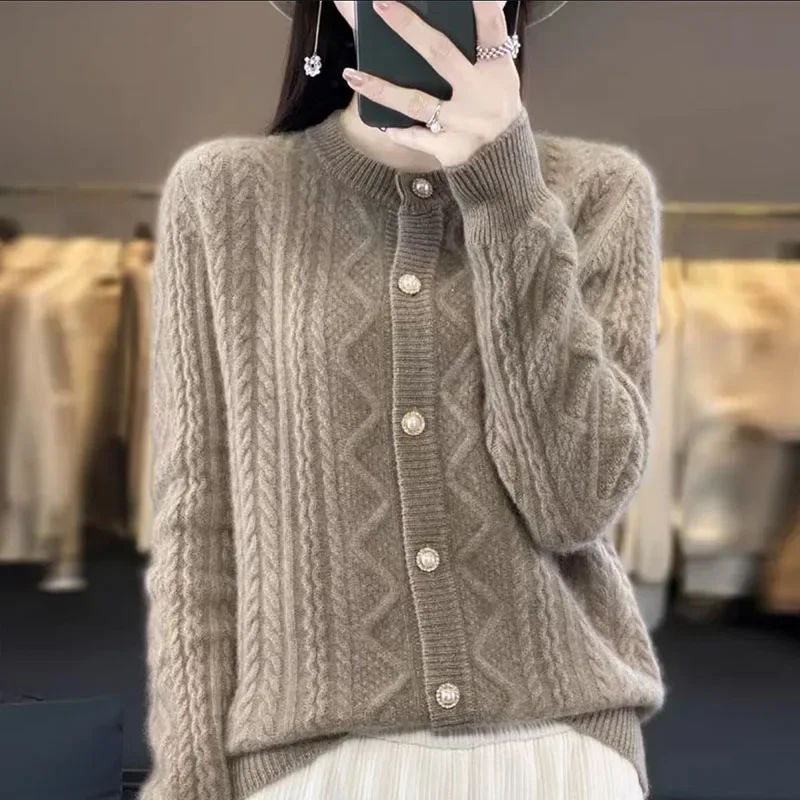 

Women Cardigan Sweater Autumn Winter New Cashmere Sweater Women's Round Neck Cardigan Solid Color Knitted Coat Loose Top 2024