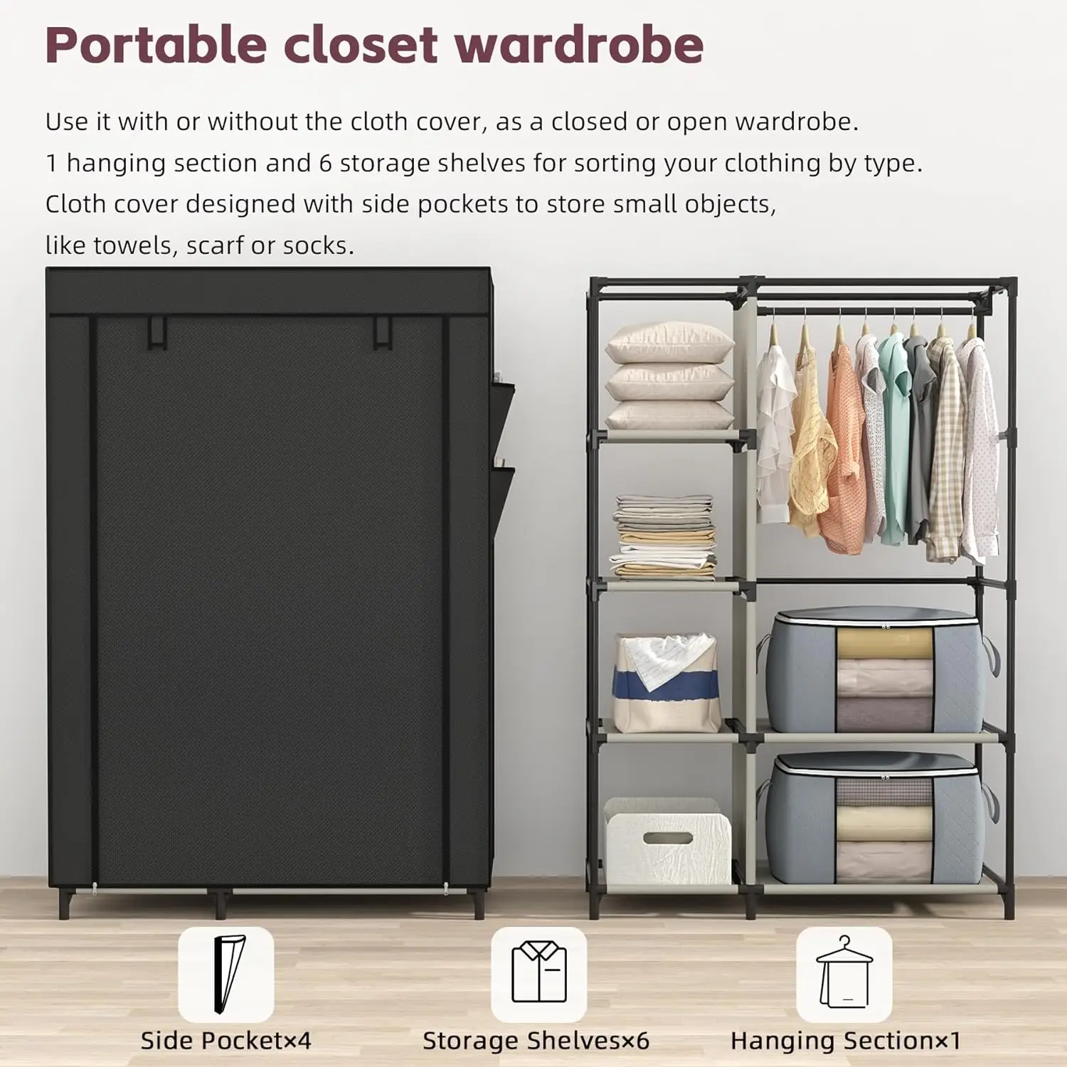 Wardrobe with 6 Shelves and Hanging Rod Storage Organizer NonWoven Fabric Cover with 4 Side Pockets includes 2 StorageBags Black image 4