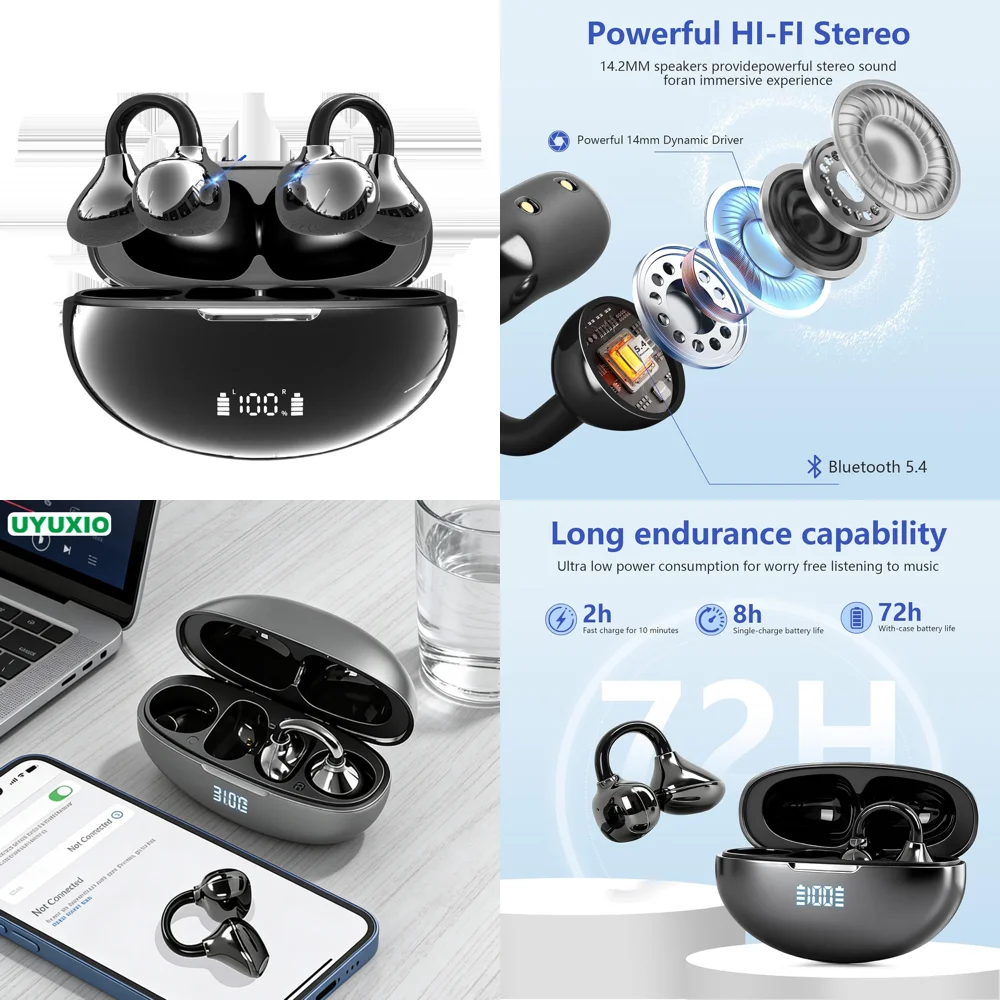 

UYUXIO OWS BT 5.4 Headphones Clear Calls Clip on IP7 Wireless Earbuds with 48H Play Time HiFi Stereo Ear Buds for Sports Travel