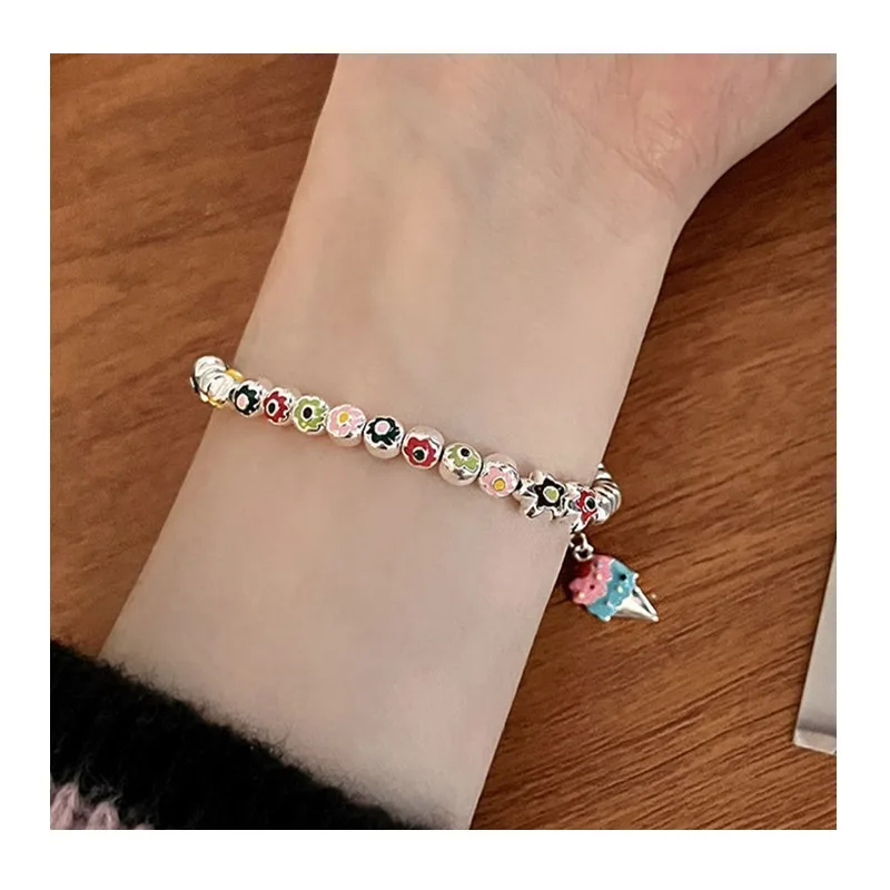 Korean Version of Simple Ice Cream Flower Girl Bracelet Sweet Fashion Enamel Rainbow Personality Advanced Sense Round Bead Jewel