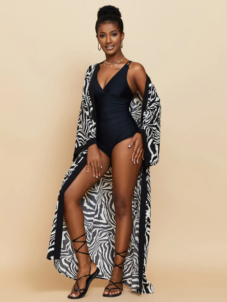 Zebra Beach Kimono Swimsuit Cover Ups for Swimwear Women Printed Self Belted Summer Long Cape Bathing Suits Sales