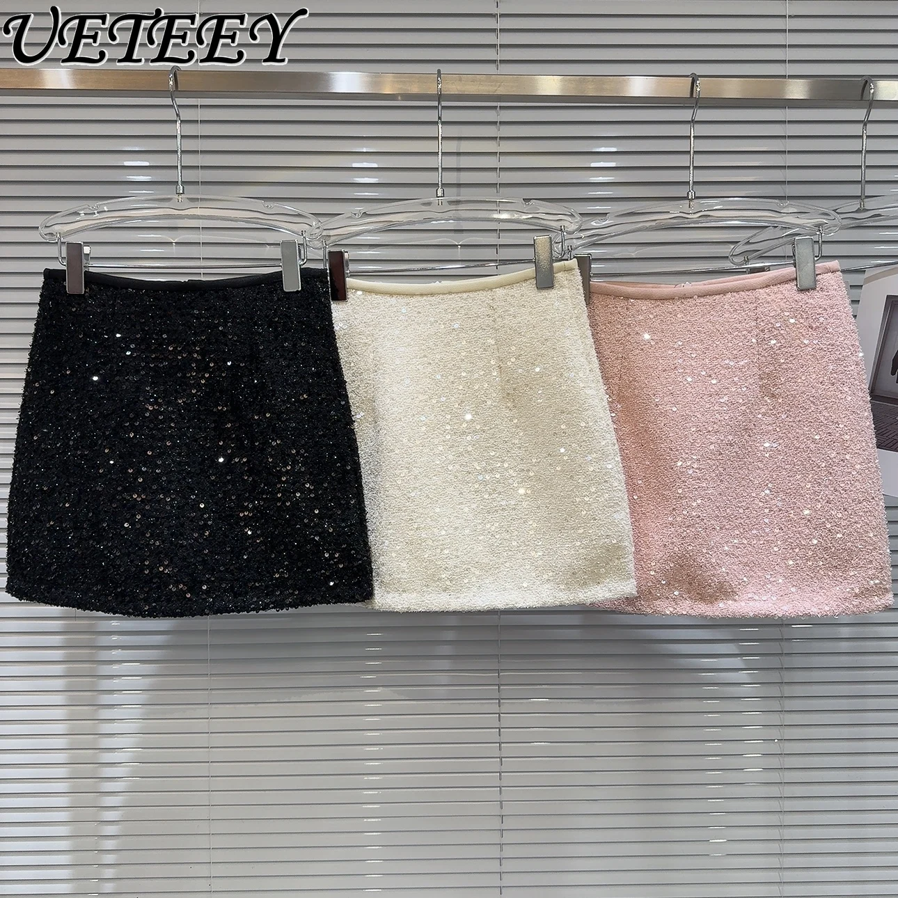 

2024 Spring Autumn New Sequined Tweed Fabric Elegant Socialite Short Skirt Fashion All-matching Hip Skirts Faldas for Women