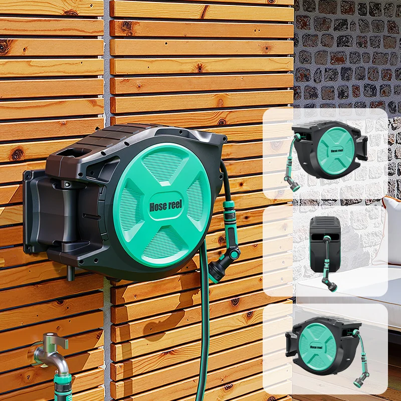 Andeca Automatic Retractable Garden Hose Reel Free Locking 180° Free Swivel Wall Mountable Hose Reel Soft PVC Hose