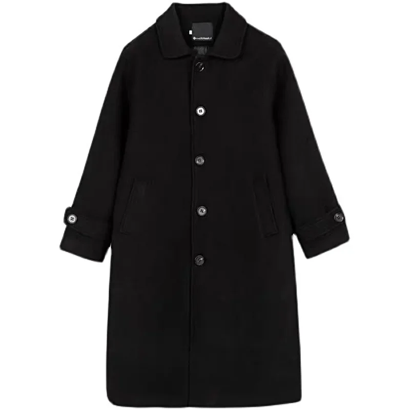 Abrigos elegantes de mezcla negra para mujer, abrigo de viaje de una sola botonadura, chaquetas Chic cálidas de longitud media, otoño e invierno, nuevo