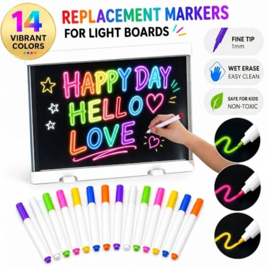 14 Colors Light Board Markers for LED Note Board - Neon Dry Erase Markers for Acrylic Calendar, Glass Window and whiteboard - E