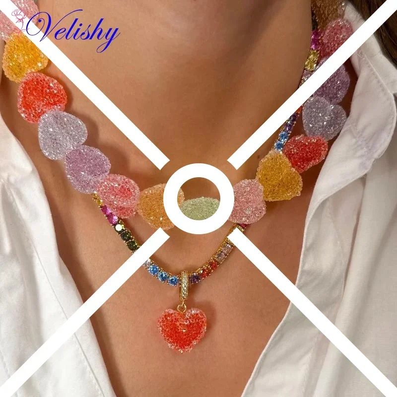 Girls Sweet Gummy Resin Candy Charms Stack Jewelry Choker Necklace New Colorful Jelly Heart Necklaces For Women Gifts