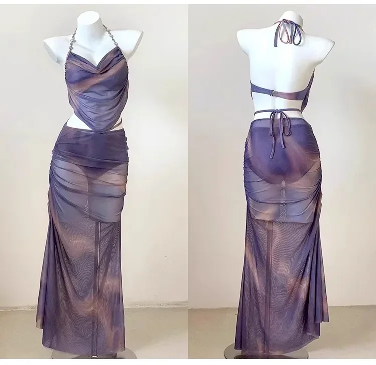 

Sexy Bikini Swimwear Women's Three-Piece Set Long Dress Small Chest Gathered Steel Supportive Summer Vacation Beachwear