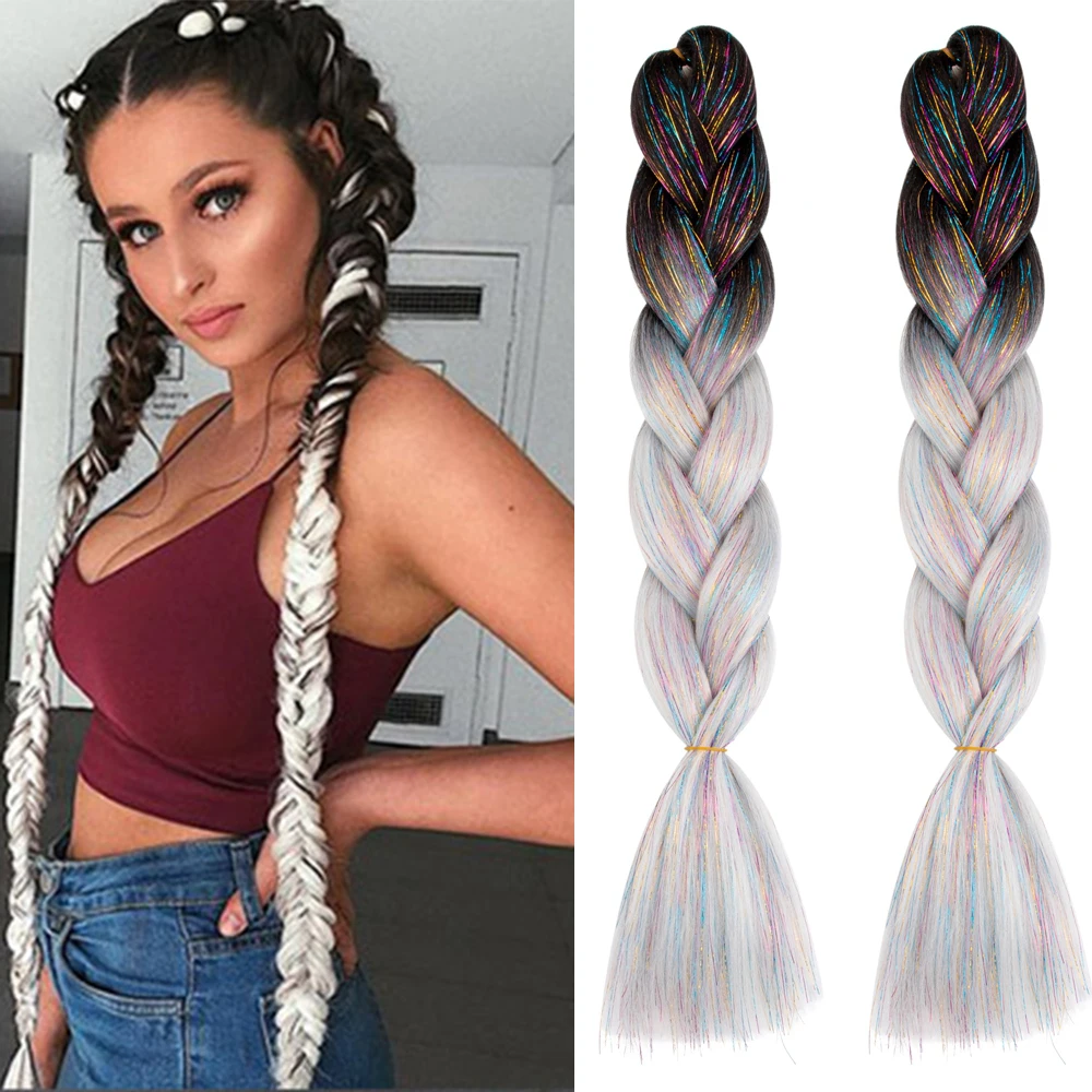 Extensões de tranças Jumbo Glitter para mulheres, cabelo trançado colorido arco-íris, sintético ombre, penteado DIY, atacado, 24"