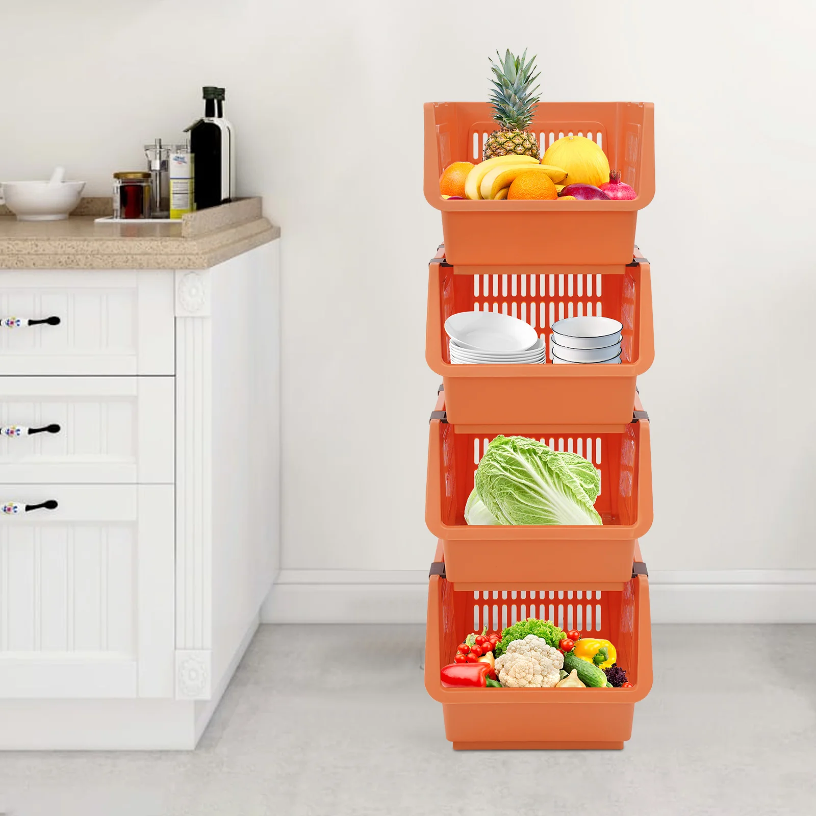 Оранжевые большие штабелируемые корзины для хранения, 4 контейнера-органайзера с ручками, универсальный пластиковый контейнер из полипропилена для дома и общежития