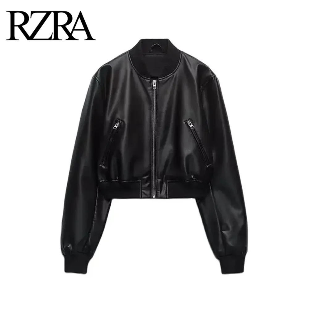 RZRA2024 autumn new women\'s fashion versatile stand-up collar zipper pocket casual short imitation leather jacket coat women