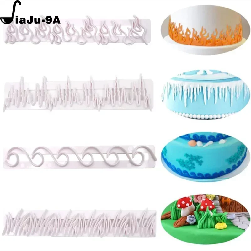 4Pcs Cookie Fondant Pastry Cutters Grass Waves Fire Ice Shape Cake Around Decor Baking Accessories Wedding Birthday Cake Decor