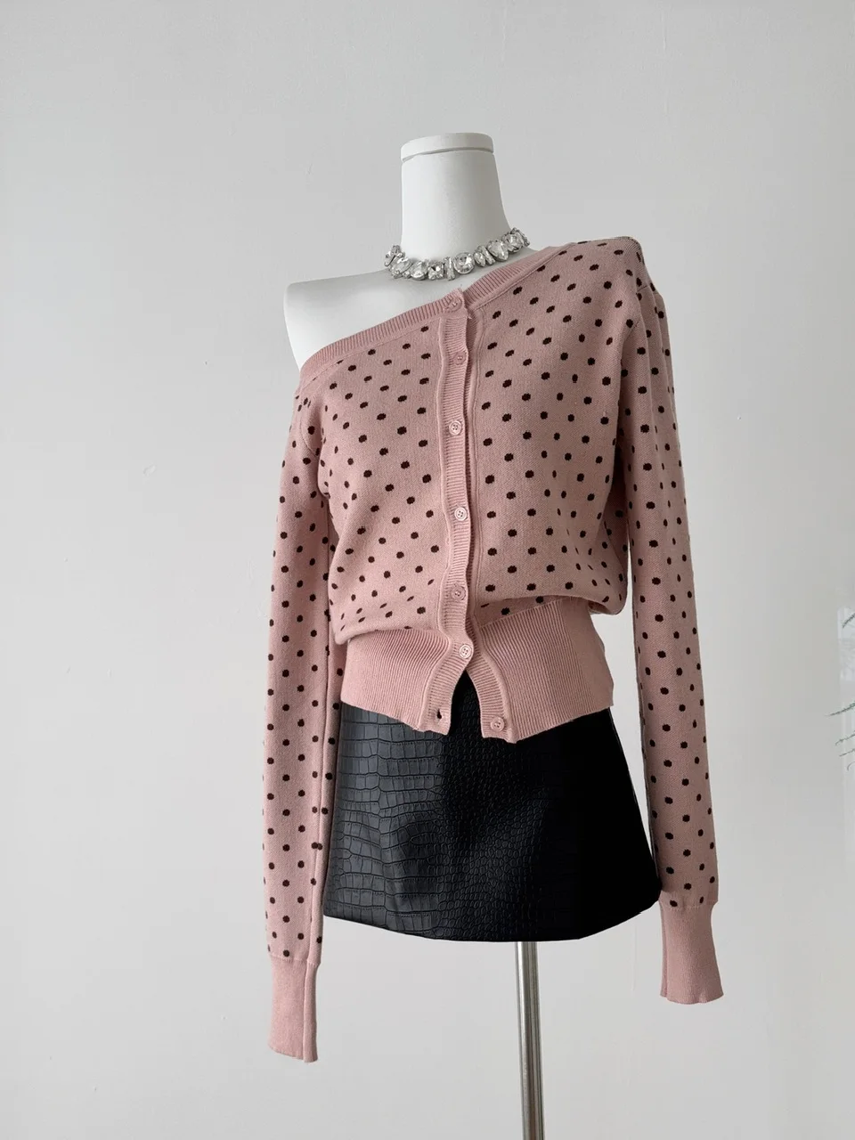

Girls Soft Sle Pink Polka Dot Knitted Open Cardigan Women Slim Fit Long Sve Top Double Color Early Autumn New Arrival