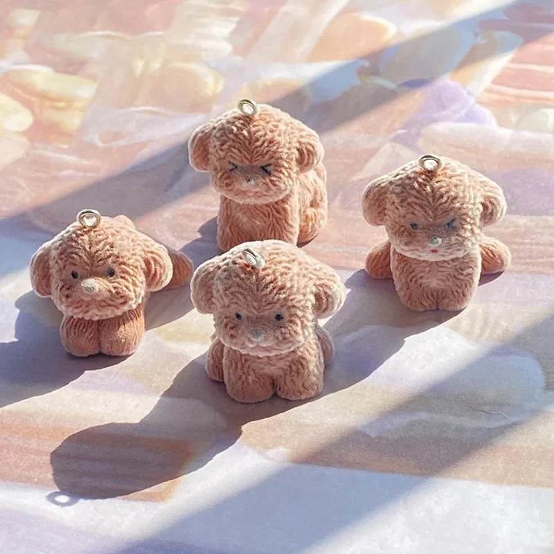 20Pcs 3D Flocking Brown Teddy Dog Charms Mini Cute Plush Animal Dog Resin Pendant For Keychain Earring DIY Crafts Jewelry Make