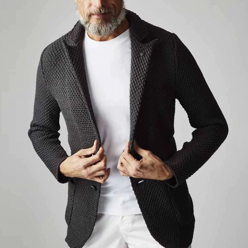 Vintage Buttoned Lapel Knit Jackets Mens Spring Autumn Casual Solid Color Textured Knitted Cardigans Men Fashion Slim Outerwear
