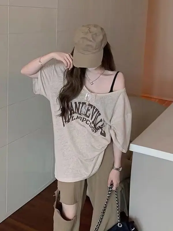 

plus Size V-Ne ort Sve T-irt Women's Summer Casual Loose Fit Printed Top Street Sle Korean Faion plus Size Tee