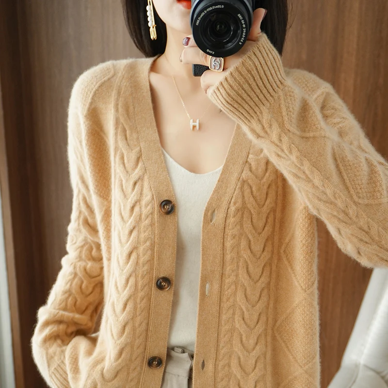 Cashmere Sweater Women New Knit Coat 2024 Spring High-End Large Size Female Jacket Warm Tops 100%Pure Wool Cardigan Twist Shirt