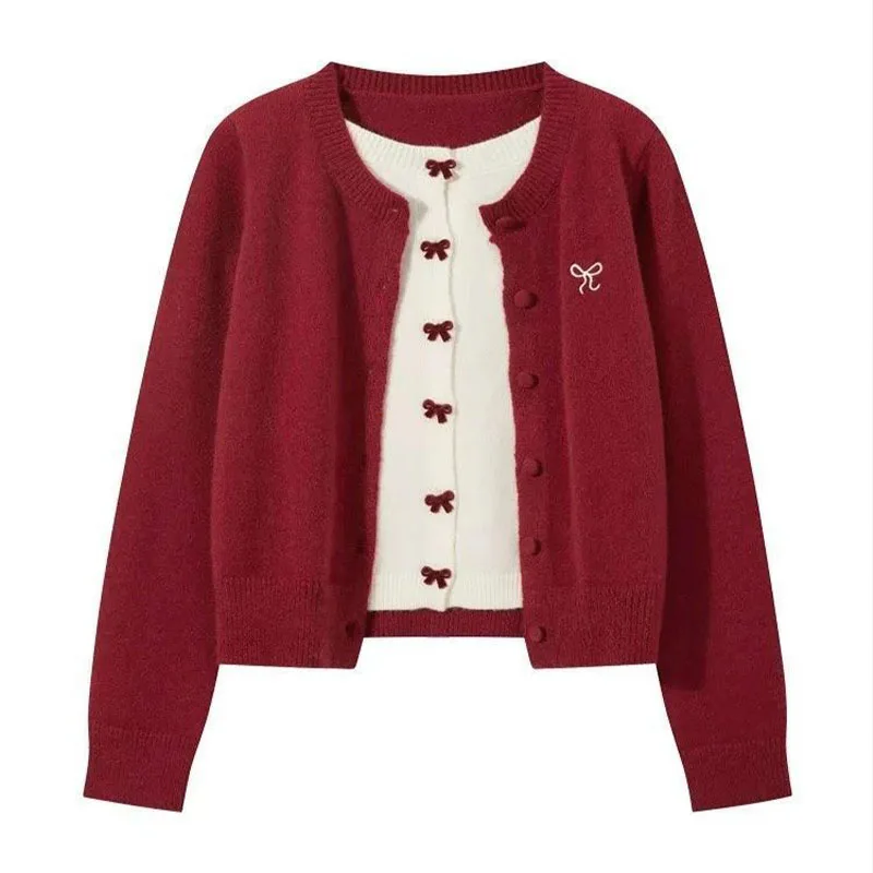 

Women's Clothing Fake Two Items Korean Style Sweaters Autumn/Winter Long Sleeve Knit Bow Cardigan Lady O-neck Top Casual Coat