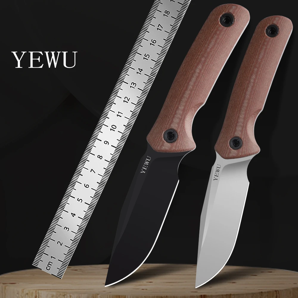 Cuchillo fijo de caza YEWU ", cuchillo táctico para acampar al aire libre, mango de lino de acero All Tang 440 afilado, funda Kydex