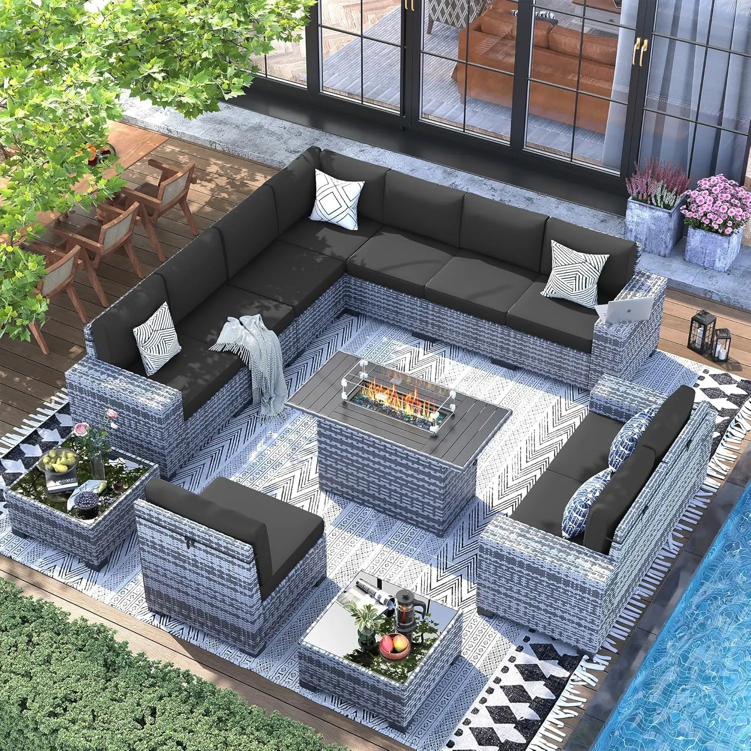 Piece Patio Furniture Set with Fire Pit Table, 8''Wide Armrest Modular Rattan Outdoor Sectional Sofa Set,Wicker Pati