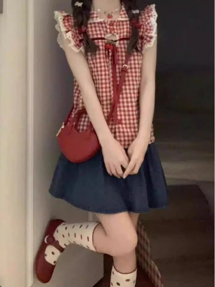

Korean Style Sweet Girl Shirt Women's Small Size Clothing Lace Trim Knot Cherry Print Sleeveless Plaid Top