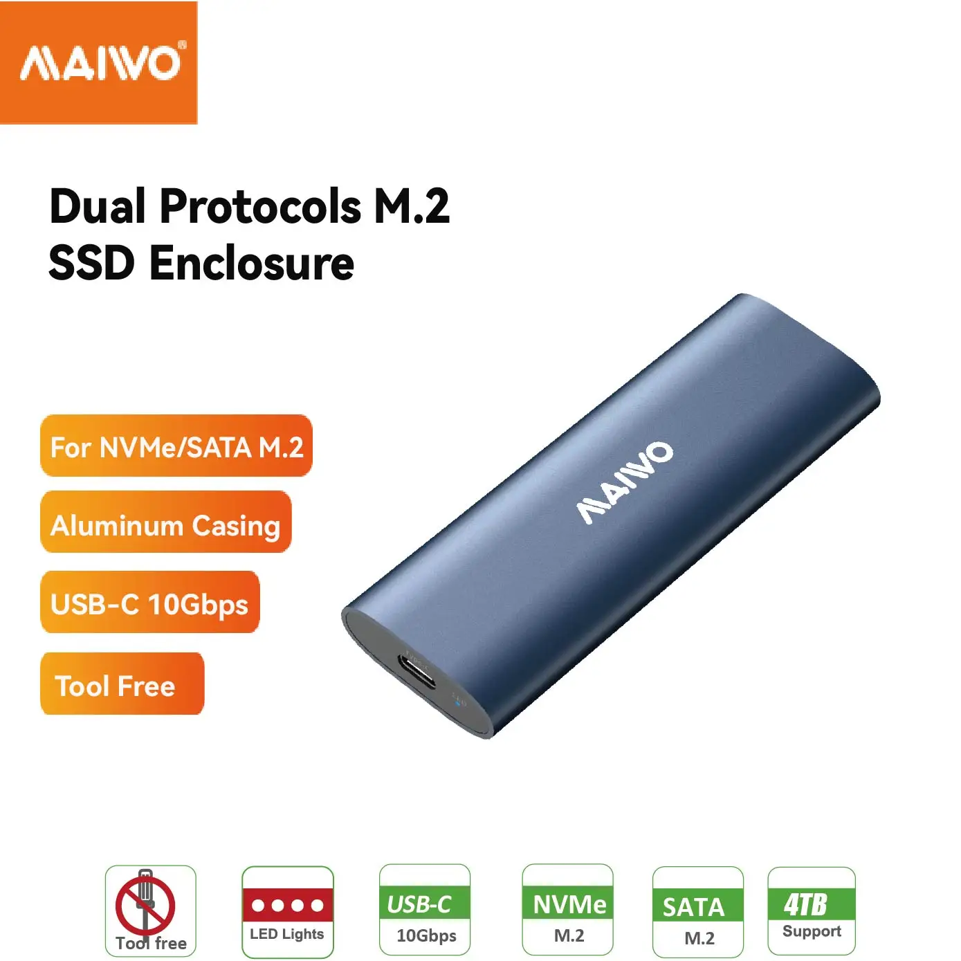 Aluminum External USB-C 10Gbps SATA SSD Enclosure Screwless NVMe M+M Key Compatibility for NVMe M.2 SSD 2230 2242 2260 2280