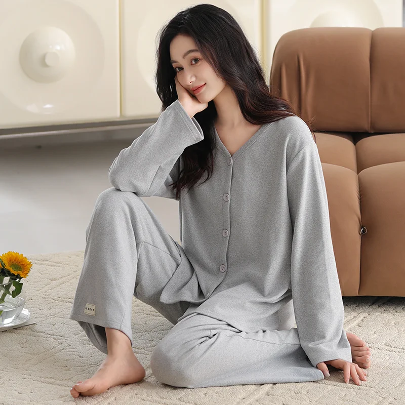 Autumn Winter Women's Sleepwear Long Sleeve Long Pants Leisure Style Loose Fitting Thermal V-Neck Open Cardigan Set Home Clothes