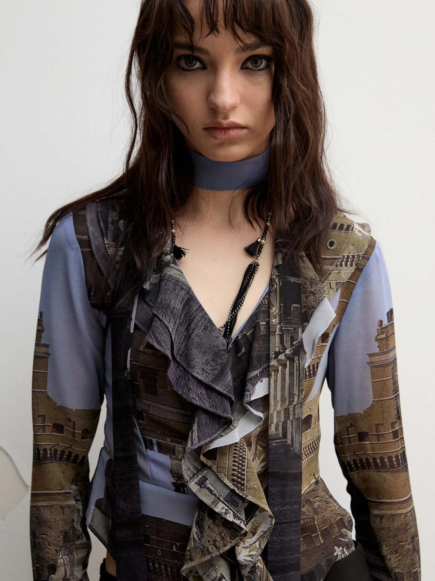 

S STUDIO Romantic See-tough Print irt Sexy Lace Collar Vintage Long Sve Top Women's Faion Spring Collection