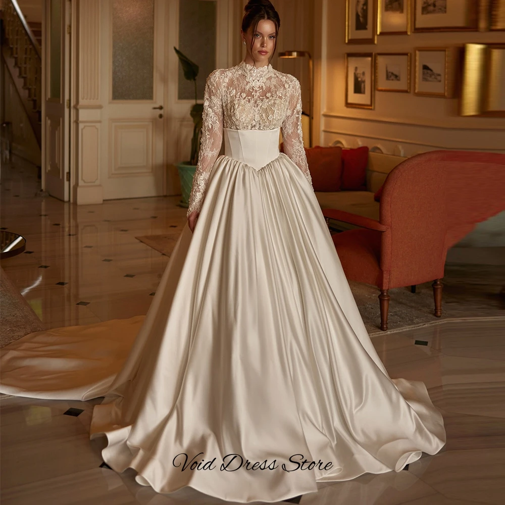Robe de mariée classique à manches longues et col rond, personnalisée, avec des appliques exquises en dentelle, Vestido De Novia, robe de mariée en satin charmante