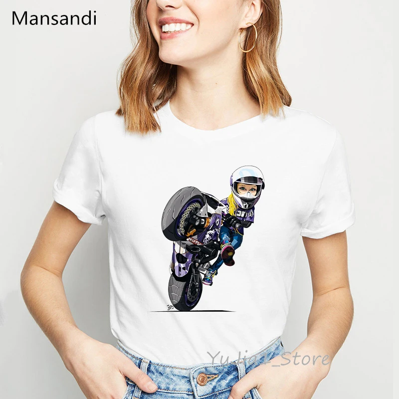 Ubrania dla kobiet 2024 fajna kaskaderska dziewczyna jeździ Motocycle Cartoon Tee Shirt Femme letni Top kobiet Hip Hop T-Shirt punkowy T-Shirt hipstera