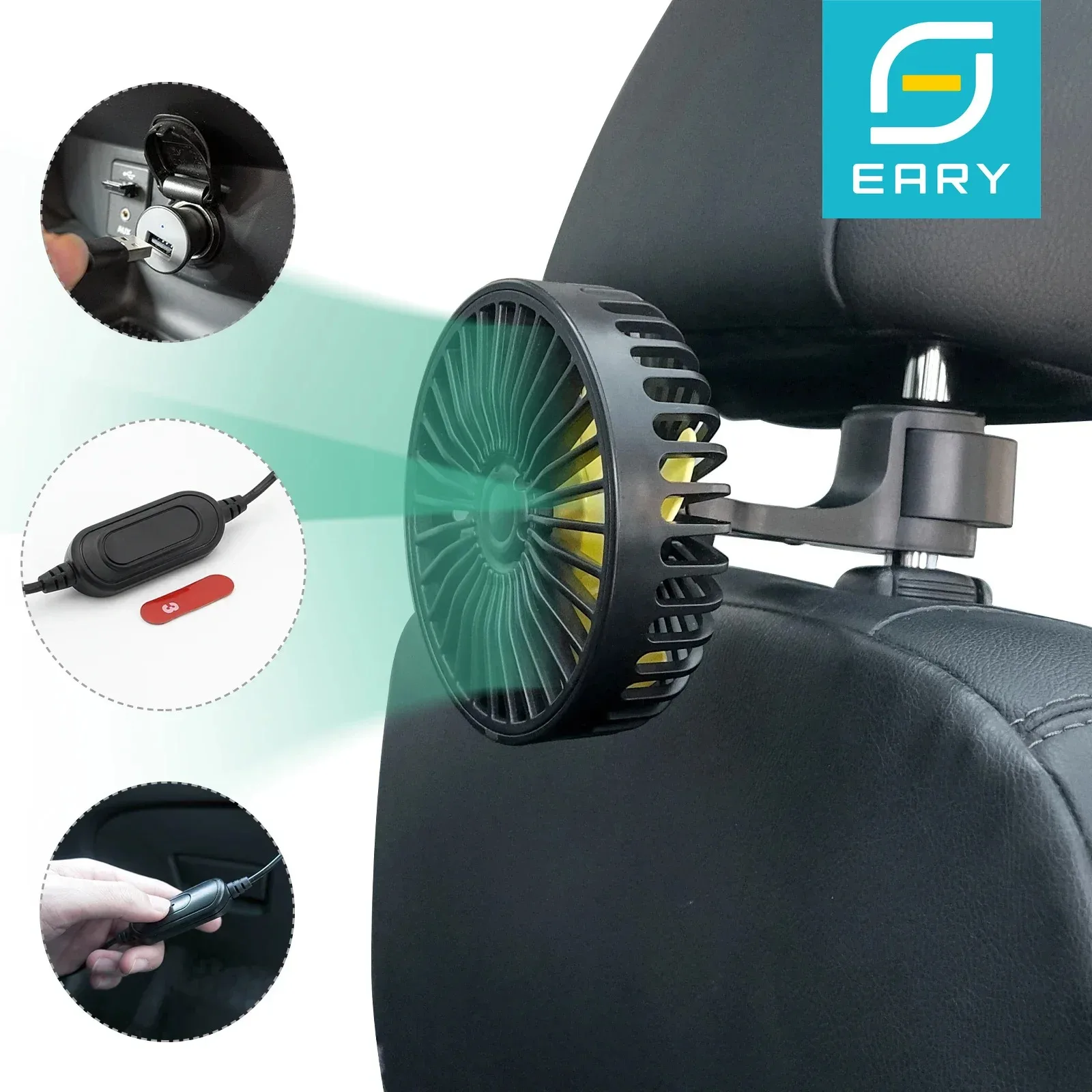 

Eary Car Rear Seat Fan USB Recharging 3 Speed Wind Powerful Airflow Portable Air Conditioners Easy to Install Car Electronic
