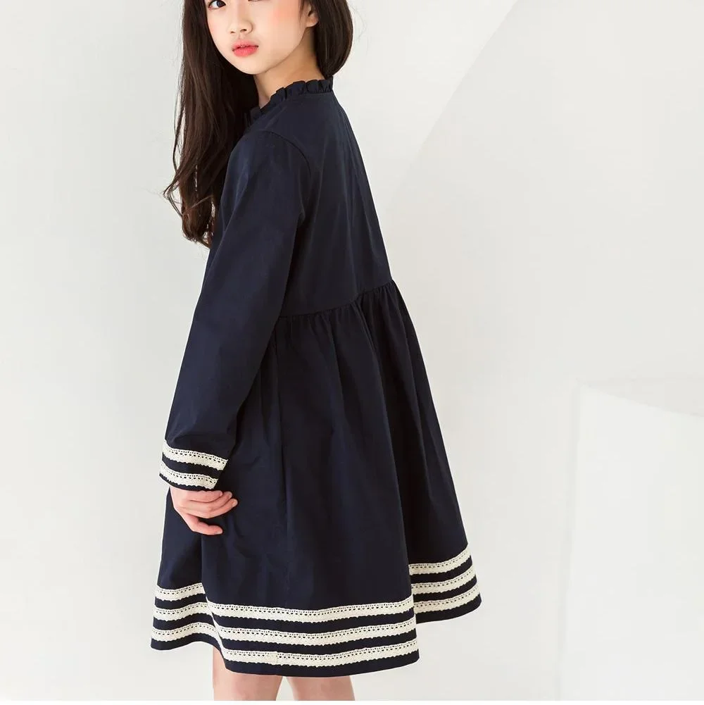 Dress Girl Teenager Elegant Navy Blue Long Sleeve Dress Lace Patchwork Shirt Tops 8 10 12 13 14 years old