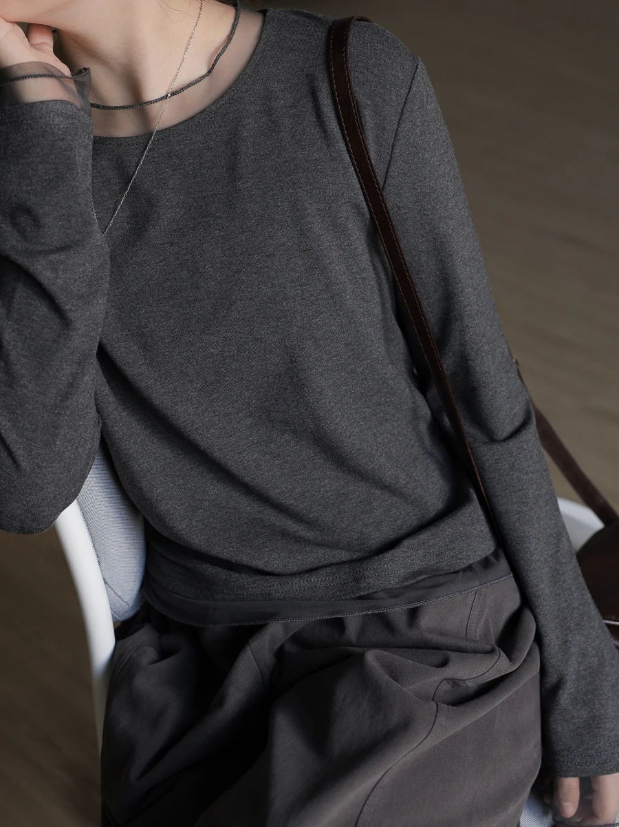 

Мягкая, приятная к телу женская футболка с круглым вырезом, эластичная, с вставками, повседневная, приталенная, с длинным рукавом