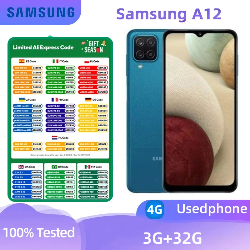 Samsung Galaxy A12 4g Smartphone Helio P35 32GB 6.5-inches Screen 48MP Camera Android Original Used Phone