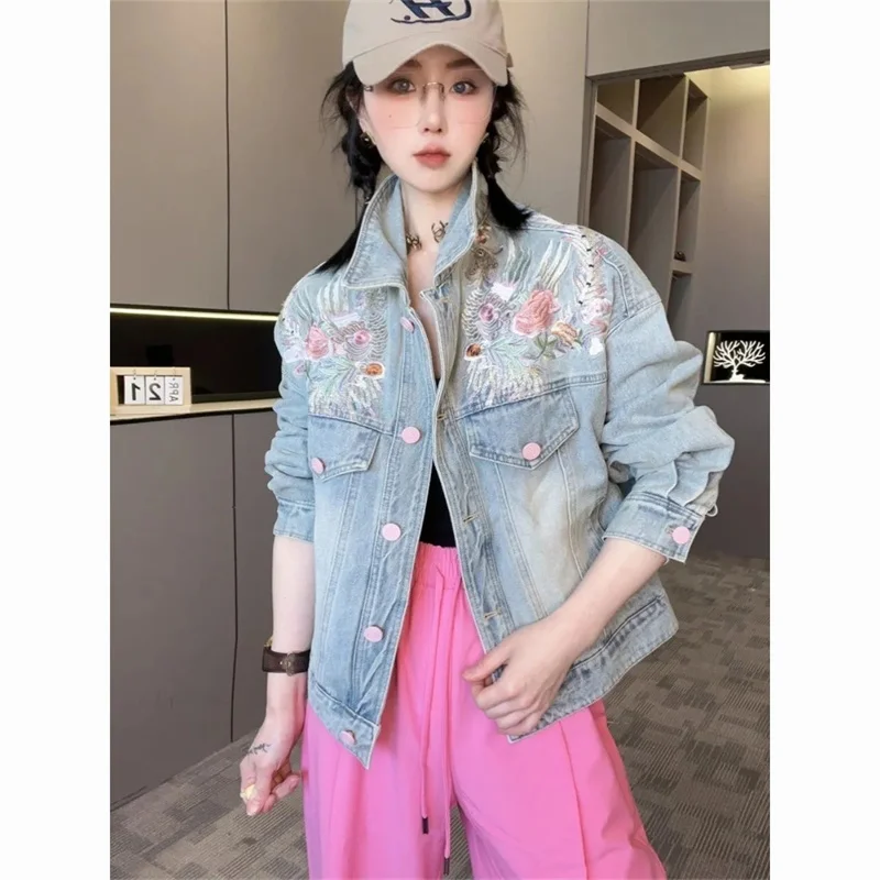 Vintage embroidery Denim Jacket Women 2025 Spring Autumn New Loose Everything Senior Sense Cowboy Coat Female Tooling Lady Tops