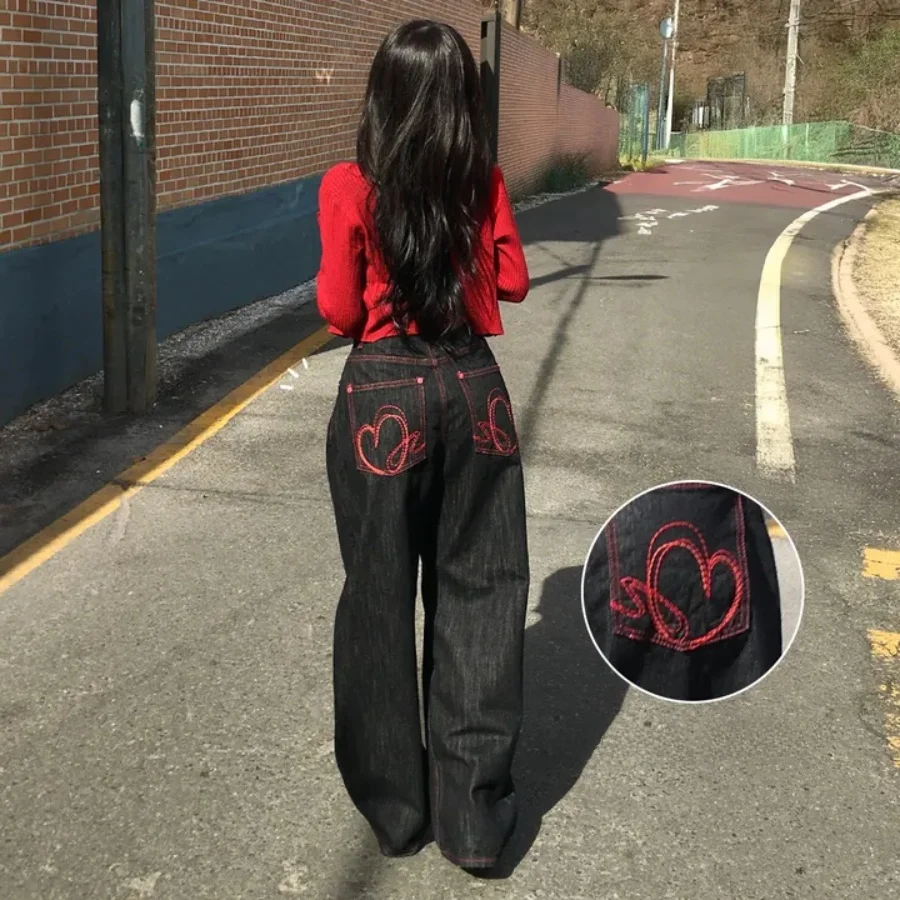 

Retro Pocket Heart Embroidery Straight Leg Jeans Casual Style Natural Waist Long Pants Cotton 100% No Stretch Black Jeans
