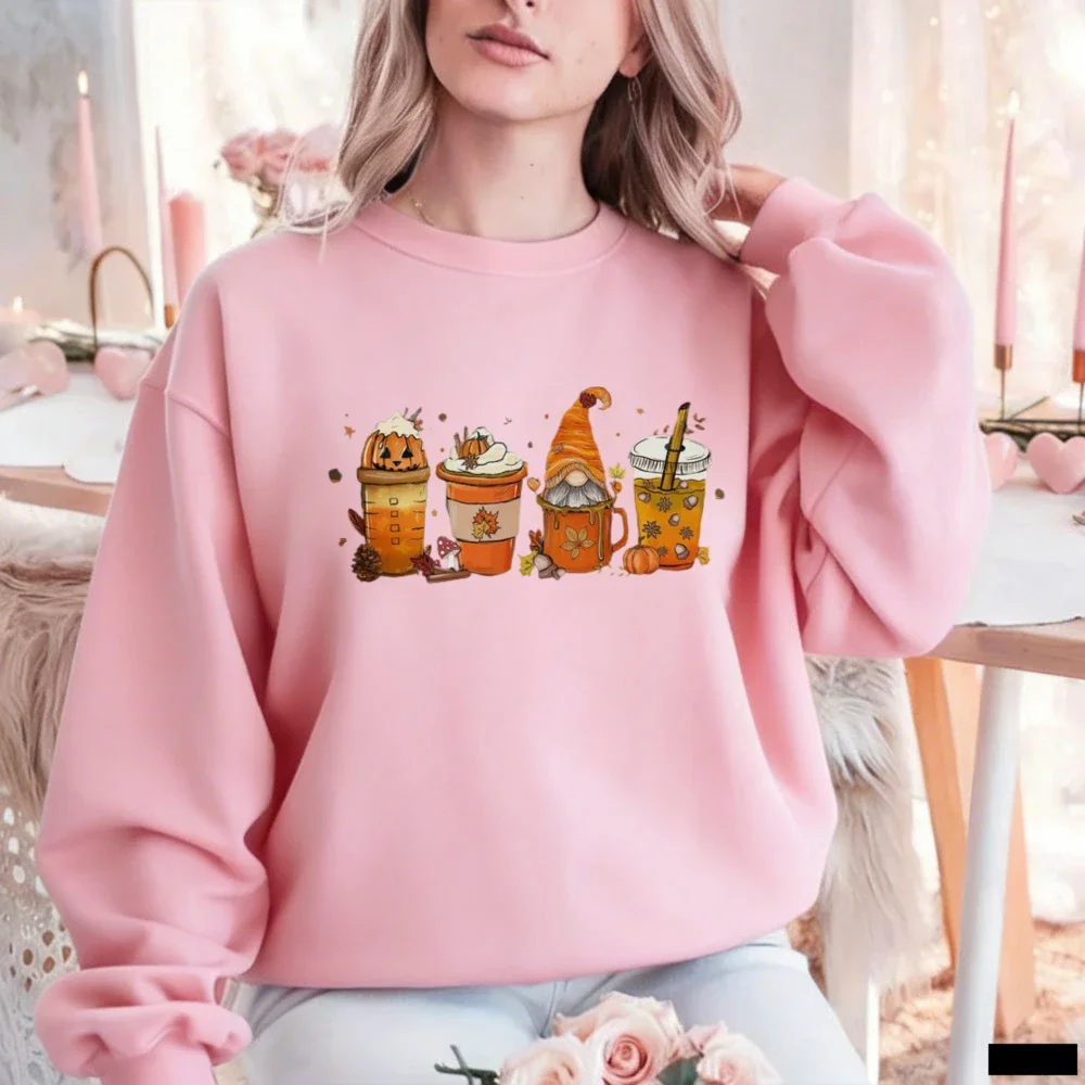 Aesthetic Cozy Pink Gnome Coffee Sweatshirt Hoody Fall Pumpkin Spice Latte Autumn Leaves Graphic Pullover Women Unisex Retro Top
