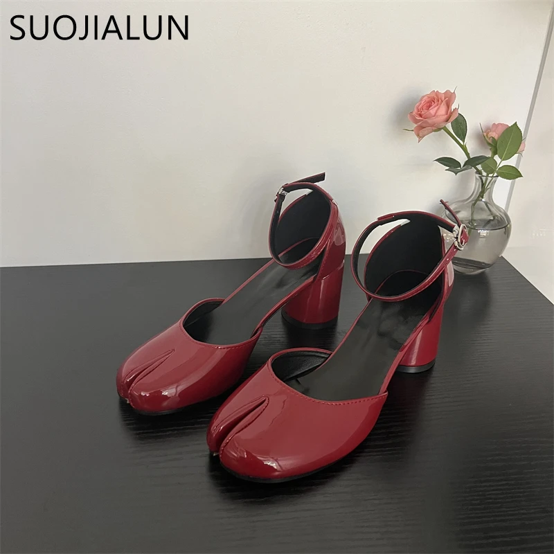 SUOJIALUN 2023 Summer New Women Women Sandal Fashion Split Toe Shallow Ladies Slingback Shoes Round Med Heel Dress Pumps Shoes